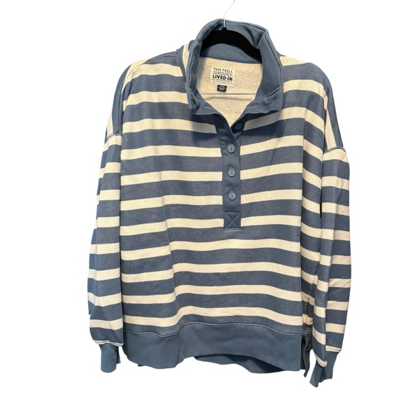 American Eagle AE big hug Henley oversized sweatshirt lived-in blue stripe sz S - Picture 5 of 15